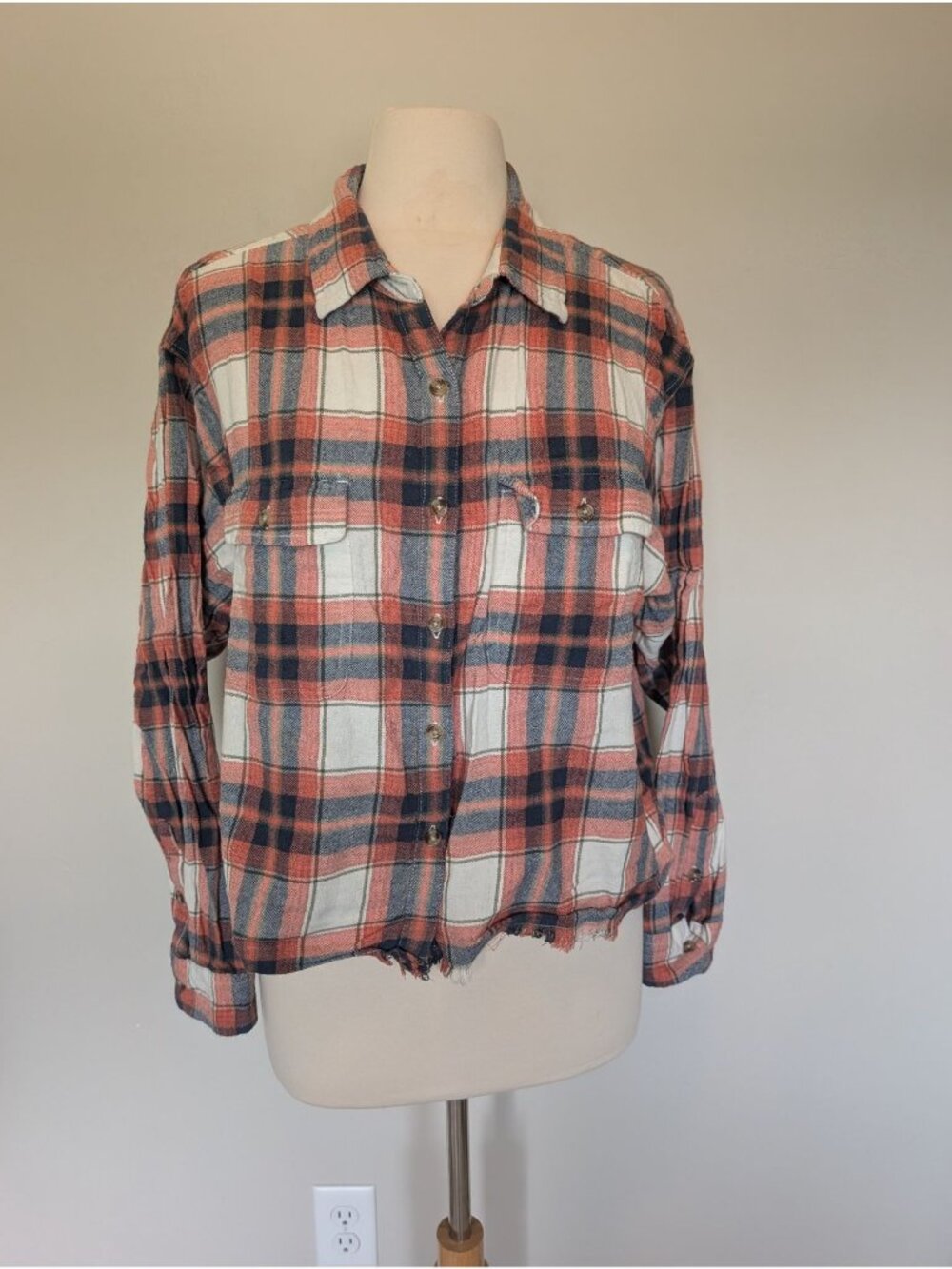 Lucky Brand XL Plaid Button-Up Shirt Frayed Hem Casual Style